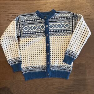 Dale of Norway Fair Isle Blue and Ivory Button-up 100% New Wool Cardigan Size 44